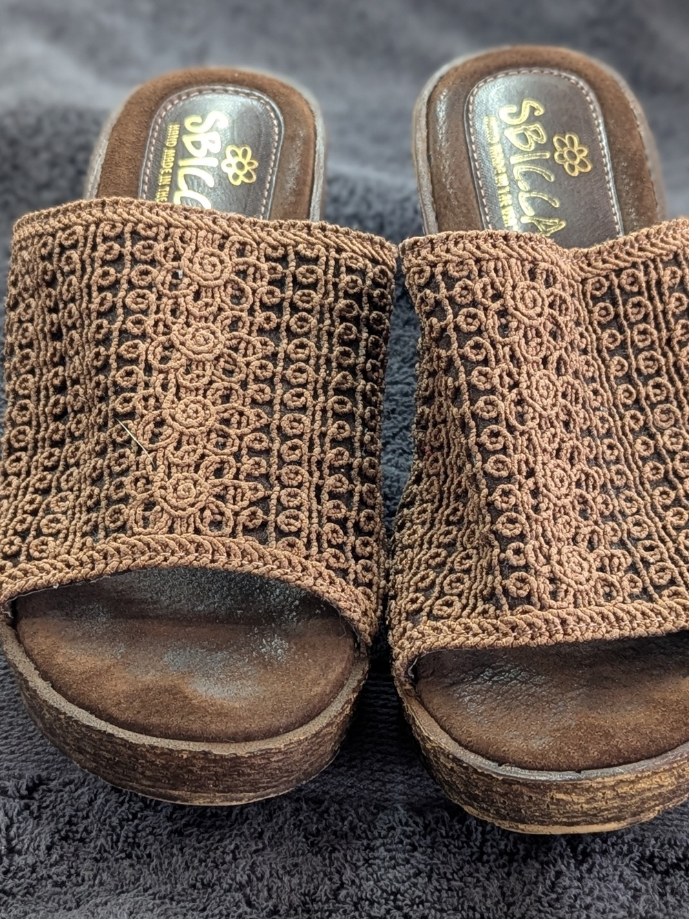 Sbicca Brown Wedge Sandals Womens 9 Boho Slide Platform Cork Handmade USA Comfor